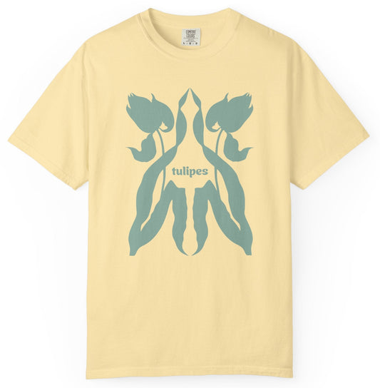 T-shirt with teal tulip design and 'tulipes' text on a white background