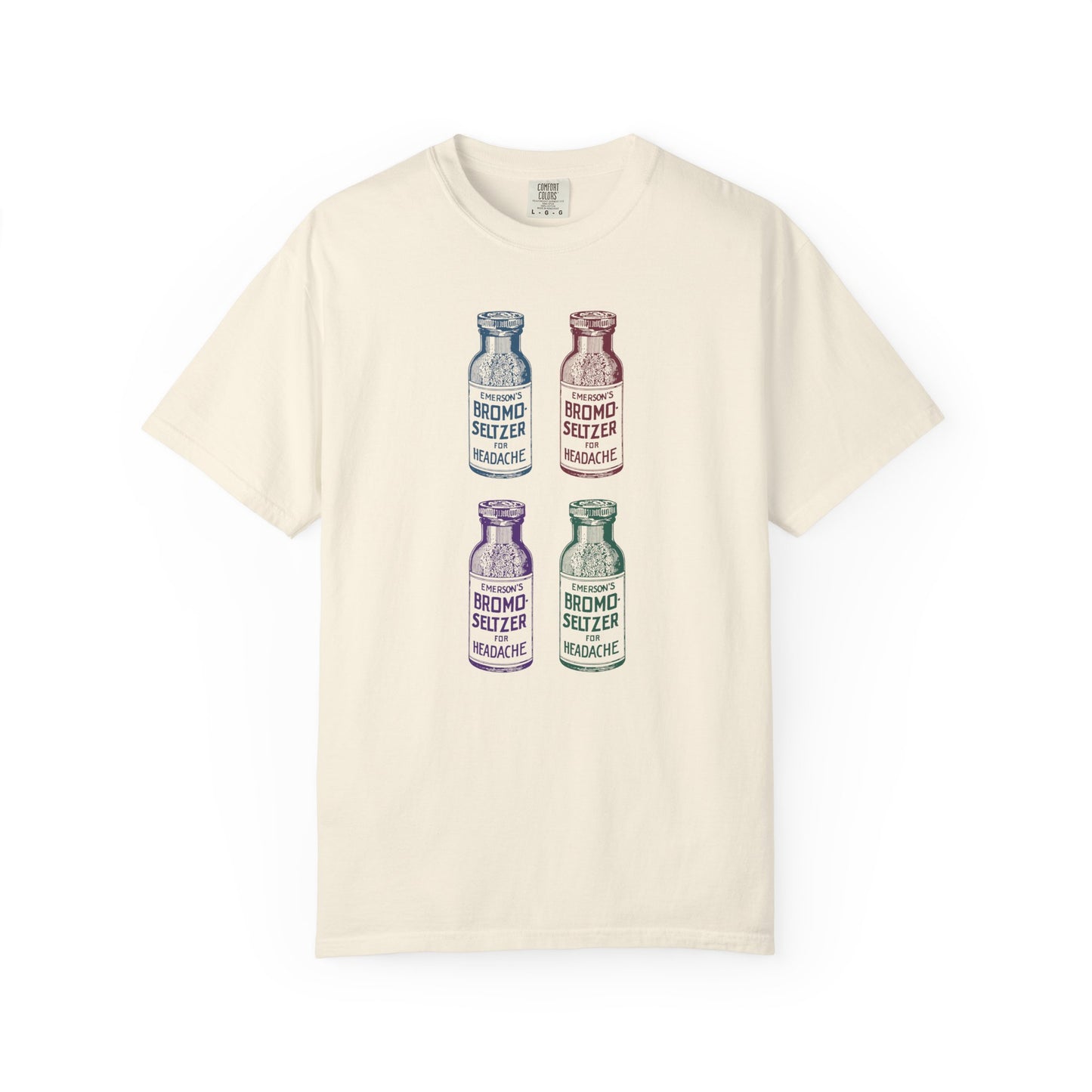 T-shirt with four different colored vintage Bromo Seltzer bottle graphics.