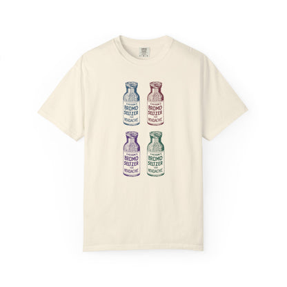 T-shirt with four different colored vintage Bromo Seltzer bottle graphics.