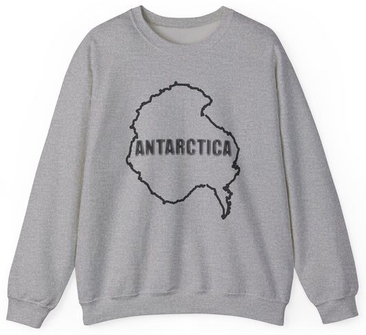 Sweatshirt with map of Antarctica and text 'ANTARCTICA' in snowy style lettering.