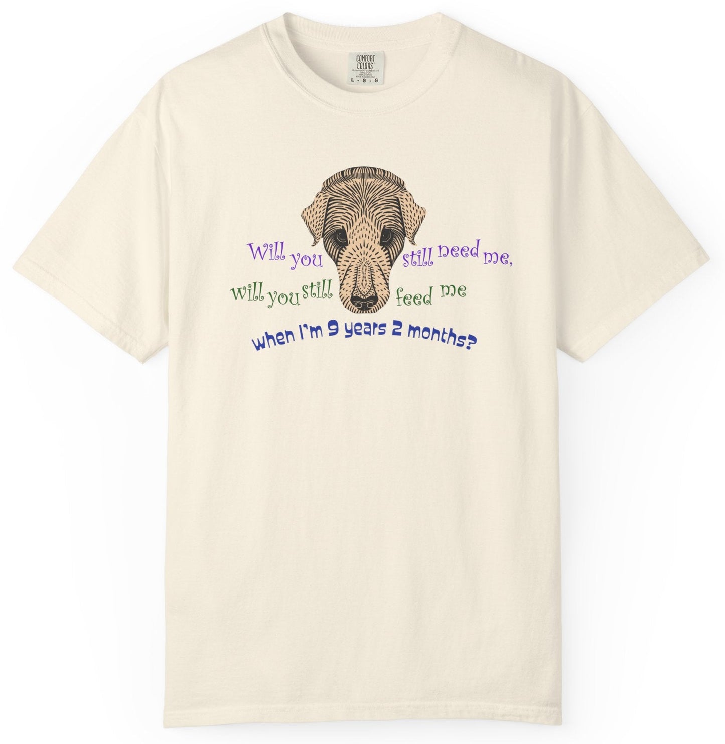 T-shirt with dog graphic and Beatles lyric text.
