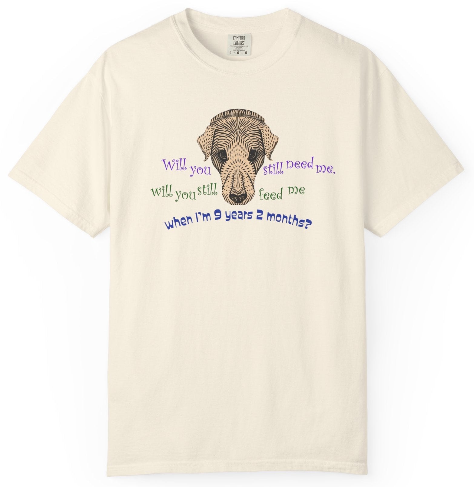 T-shirt with dog graphic and Beatles lyric text.