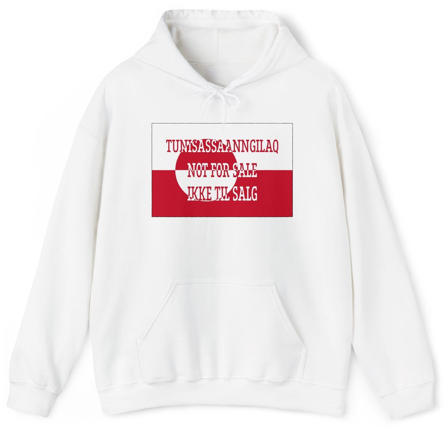 Sweatshirt with the Greenland flag with 'Not For Sale' in Kalaallisut, English and Danish.