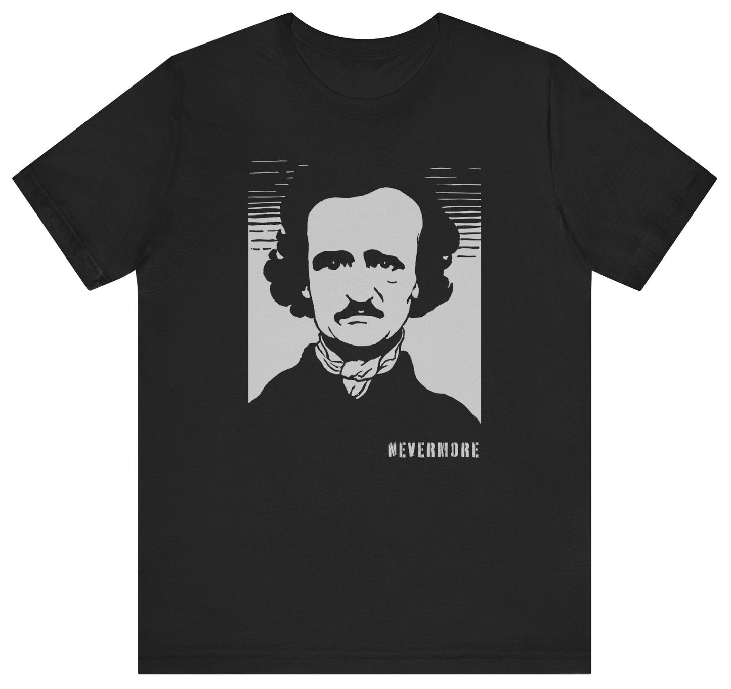 T-shirt with a graphic of Edgar Allan Poe and text 'Nevermore.'