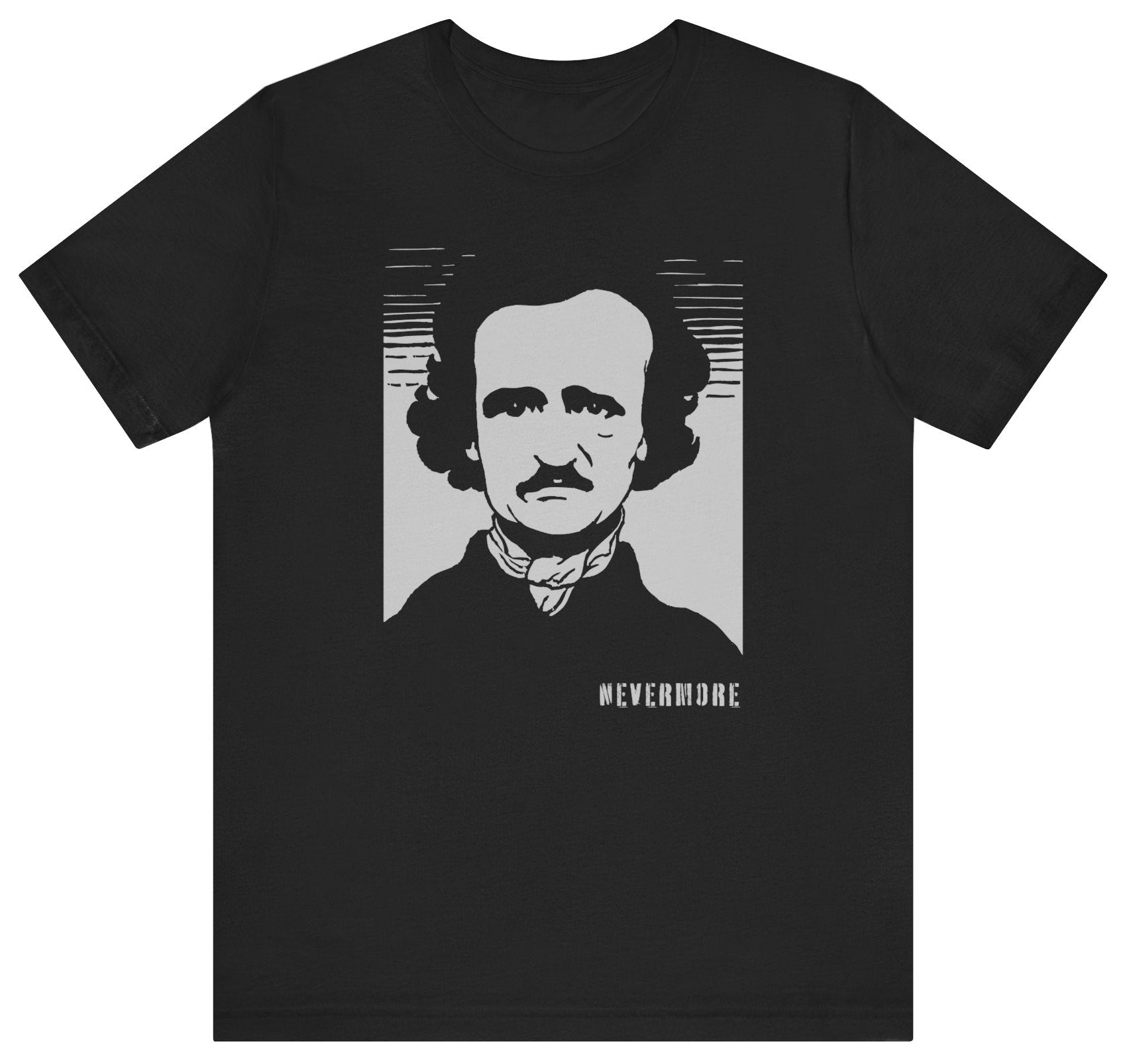 T-shirt with a graphic of Edgar Allan Poe and text 'Nevermore.'