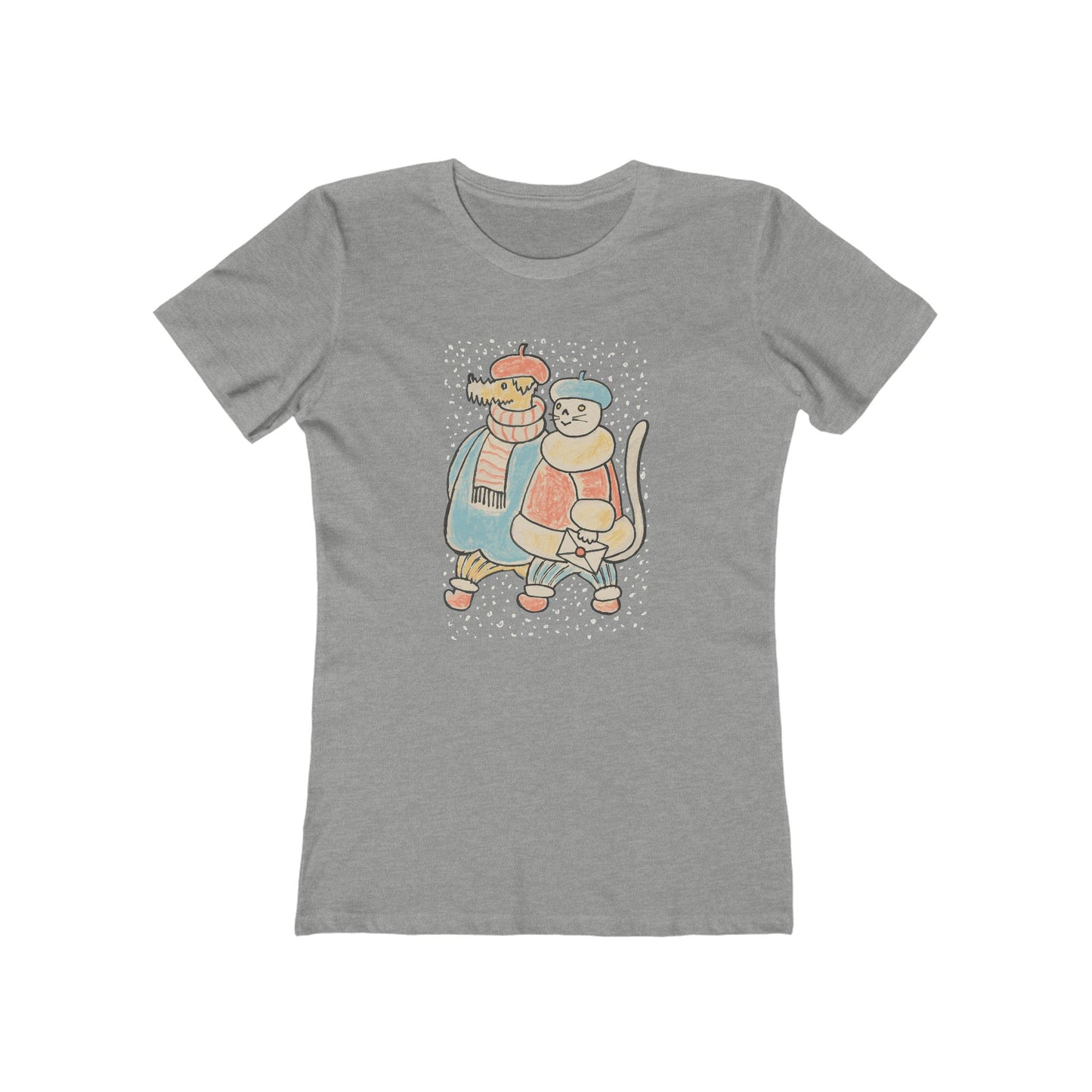 Dog and Cat on a Snowy Winter Walk T-Shirt Women's