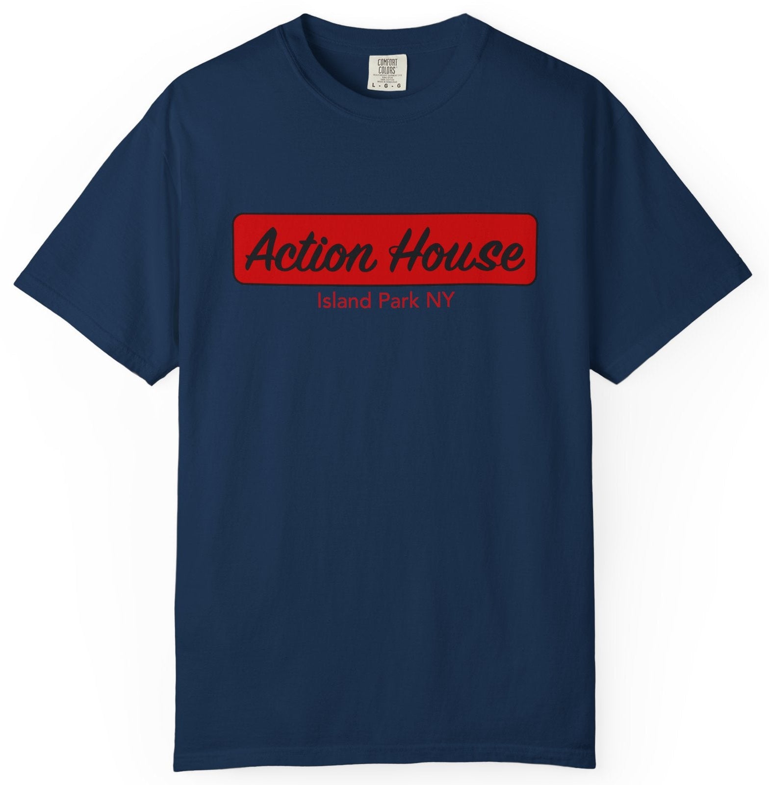T-shirt with 'Action House Island Park' text
