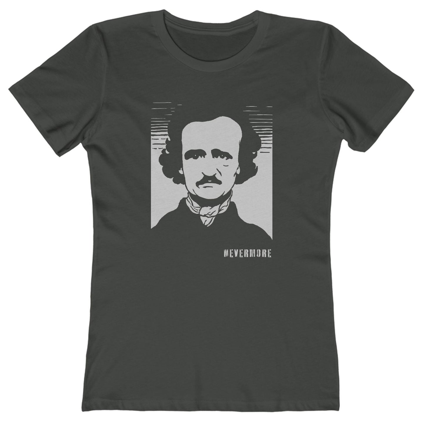 T-shirt with a graphic of Edgar Allan Poe and text 'Nevermore.'