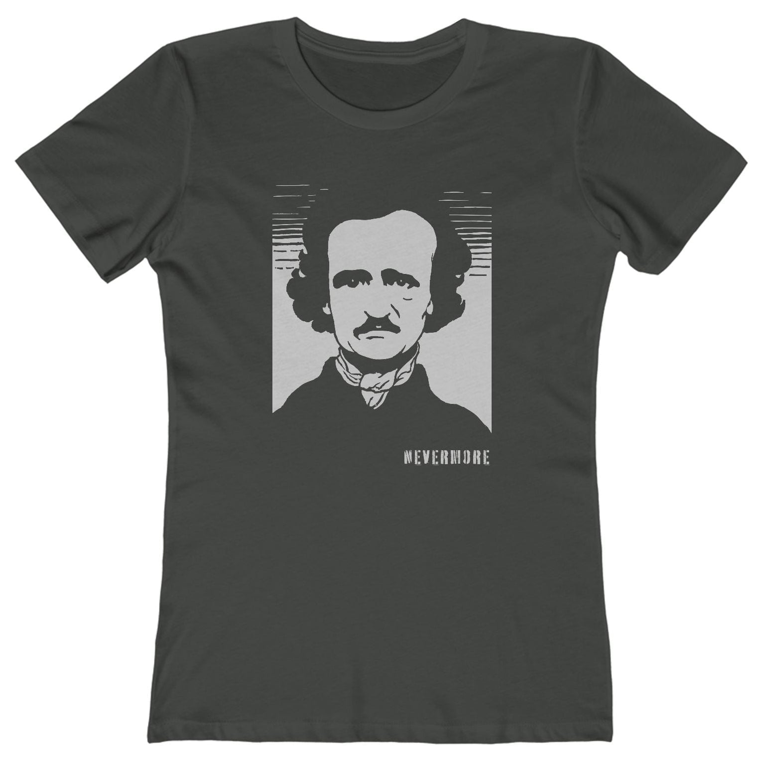 T-shirt with a graphic of Edgar Allan Poe and text 'Nevermore.'