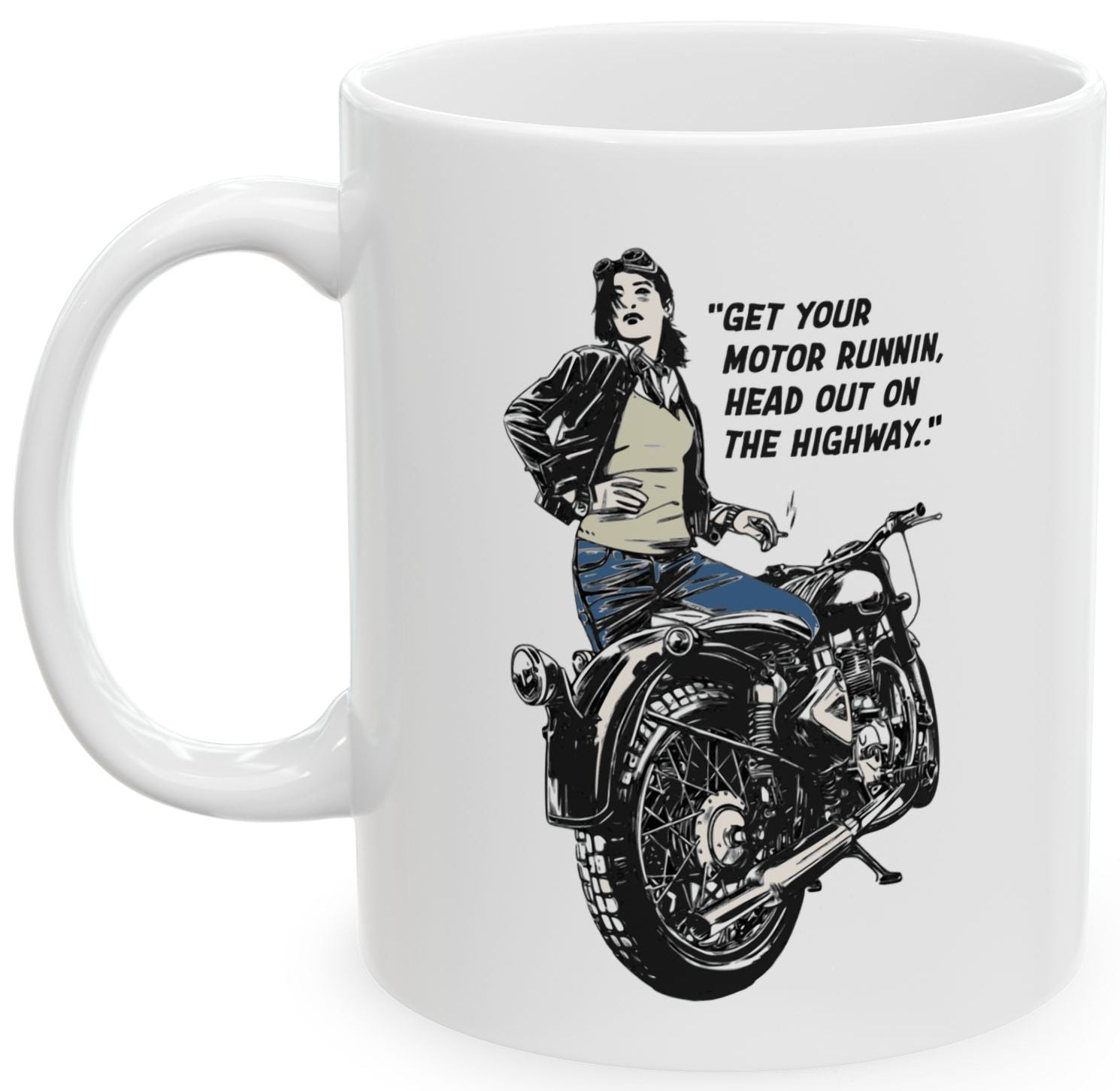 Coffee mug with a graphic of a woman on a motorcycle and lyrics from 'Born to be Wild'