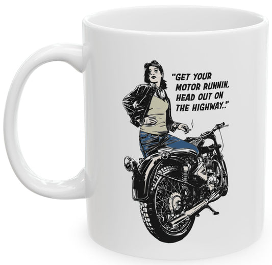 Coffee mug with a graphic of a woman on a motorcycle and lyrics from 'Born to be Wild'