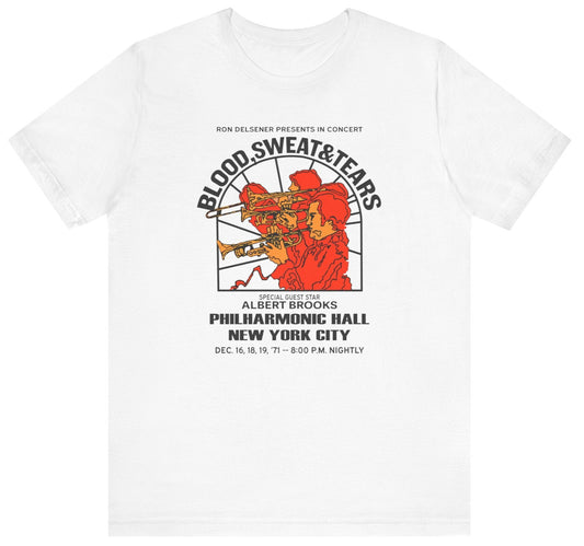 White t-shirt with concert graphic and text on a white background