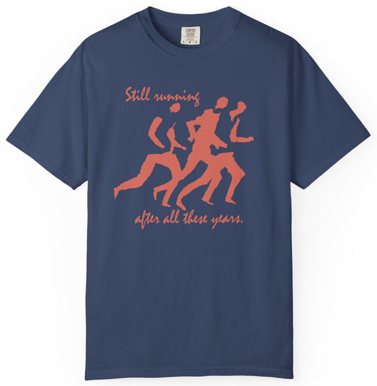 T-shirt with runner graphic and text
