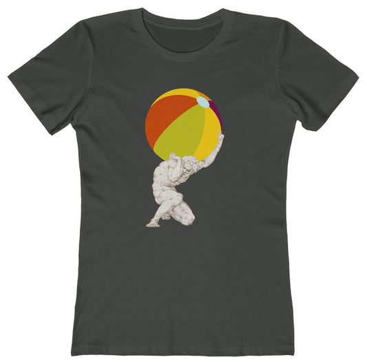 T-shirt with an Atlas statue holding a beach ball graphic.