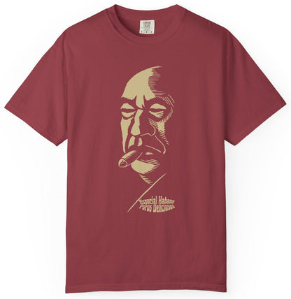T-shirt with a graphic design of the face of a man smoking a cigar and Spanish text