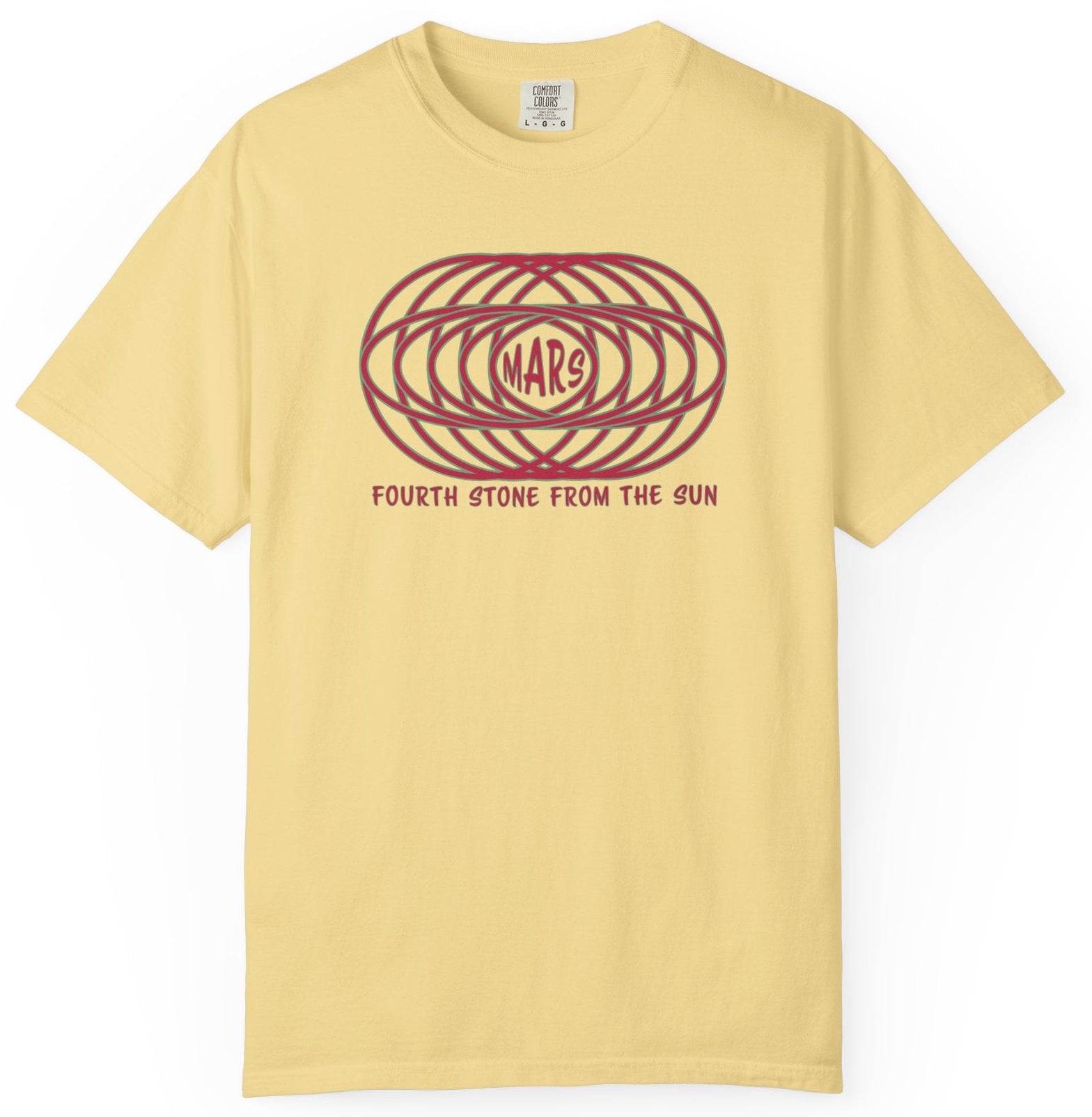 T-shirt with text "MARS" in the center of a futuristic graphic design and "Fourth Stone from the Sun" below the graphic.