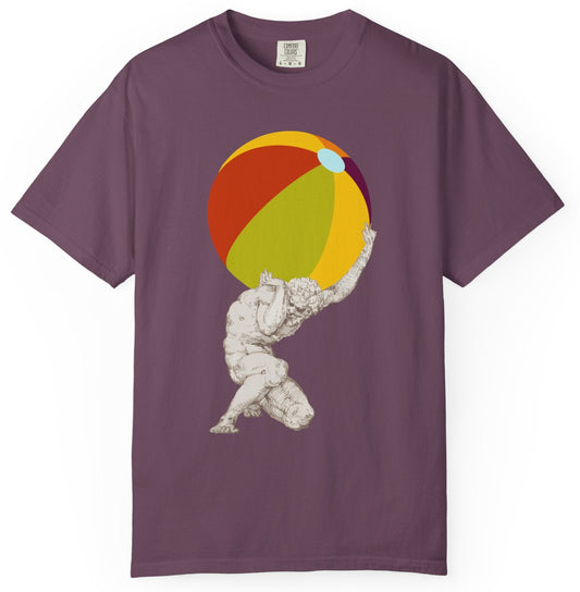 T-shirt with a graphic of atlas holding a beach ball