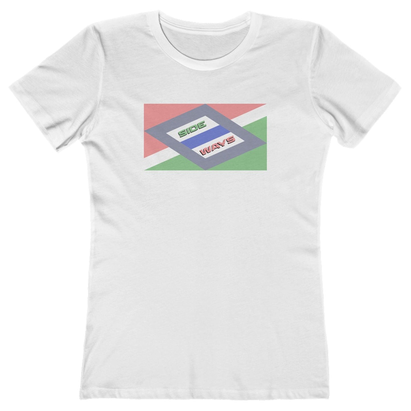 White t-shirt with a colorful graphic on a white background