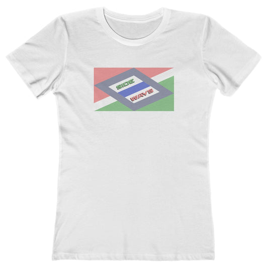 White t-shirt with a colorful graphic on a white background