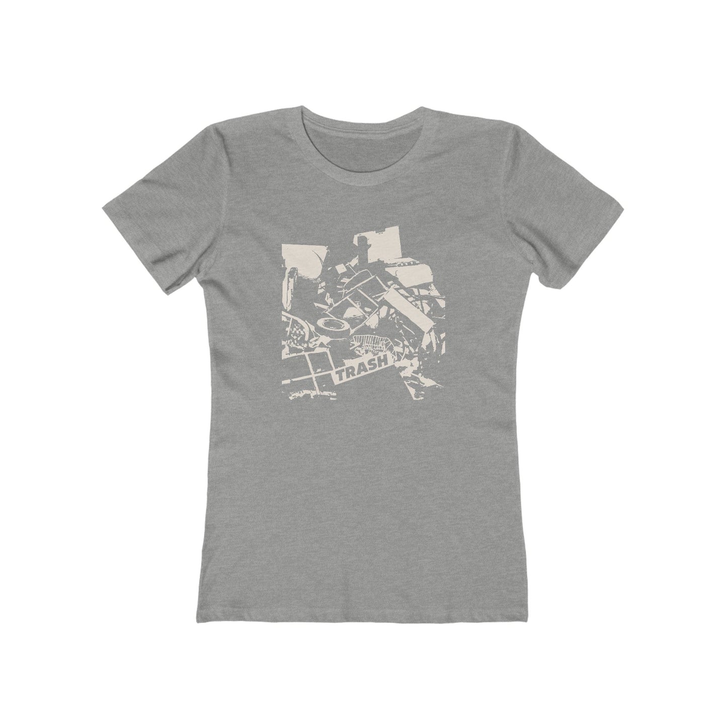 T-shirt with graphic junk pile with text "TRASH" on a piece of junk.