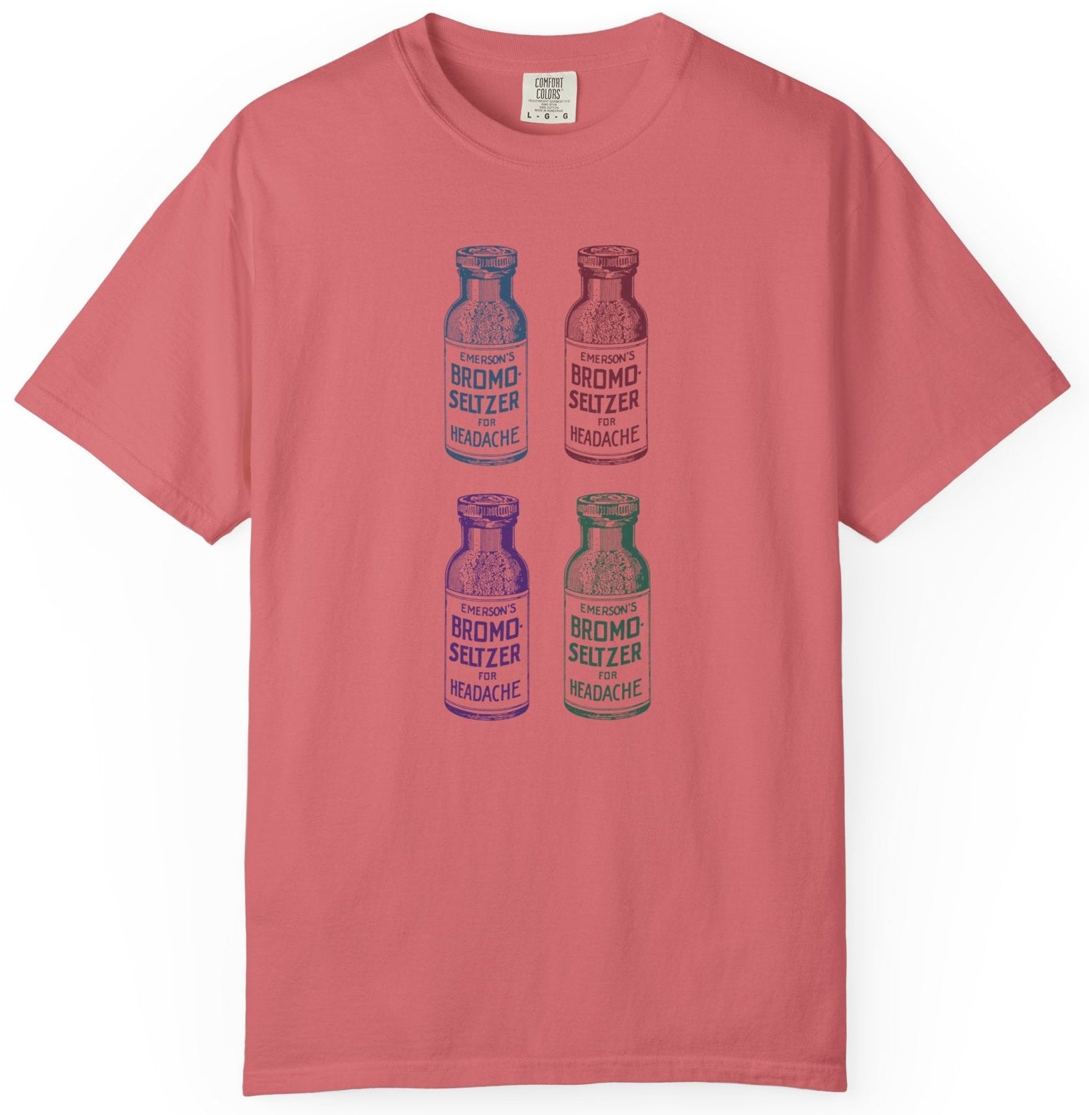 T-shirt with four different colored vintage Bromo Seltzer bottle graphics.