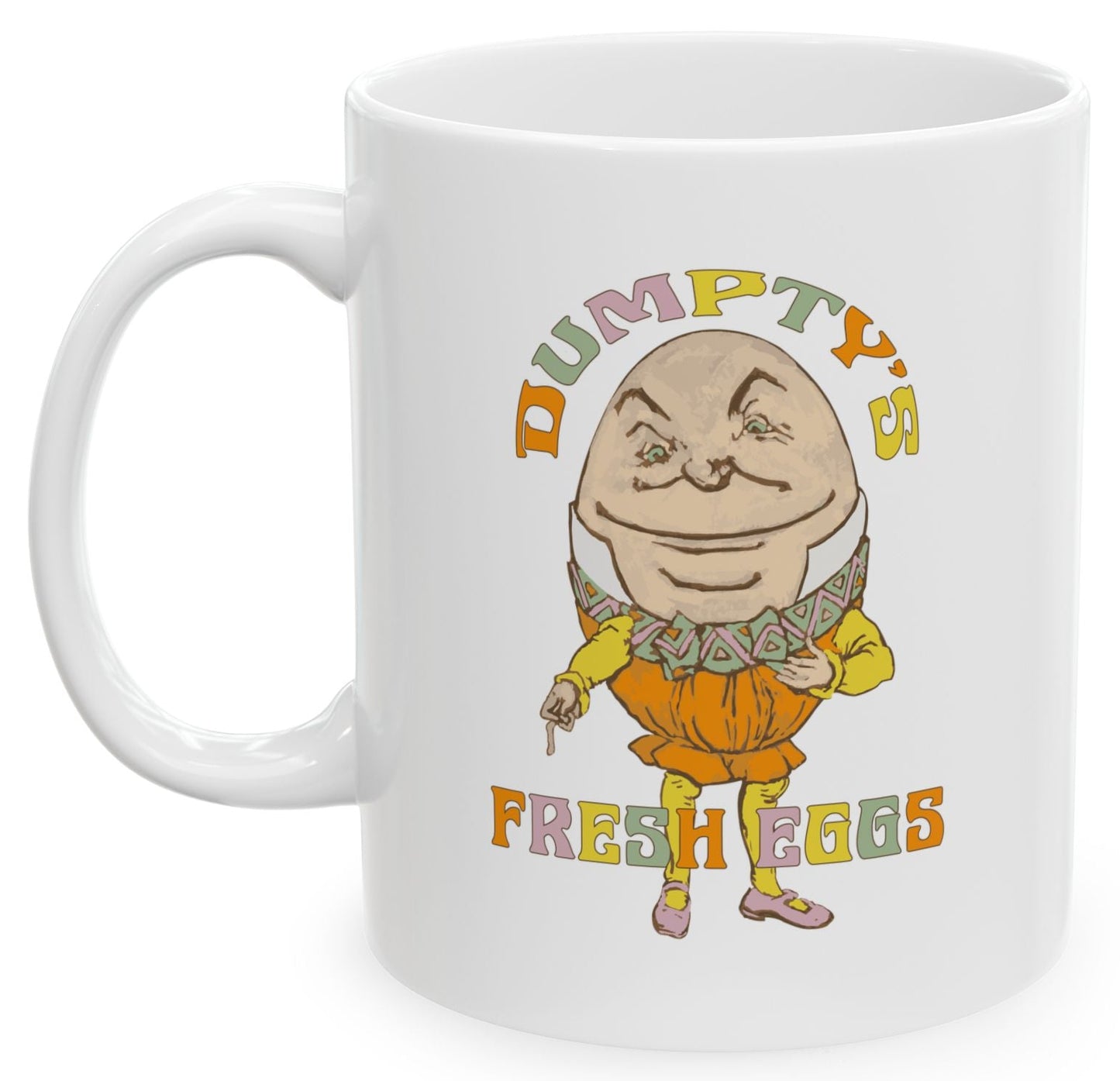 White mug with a cartoon character and 'Dumpty's Fresh Eggs' text on a white background