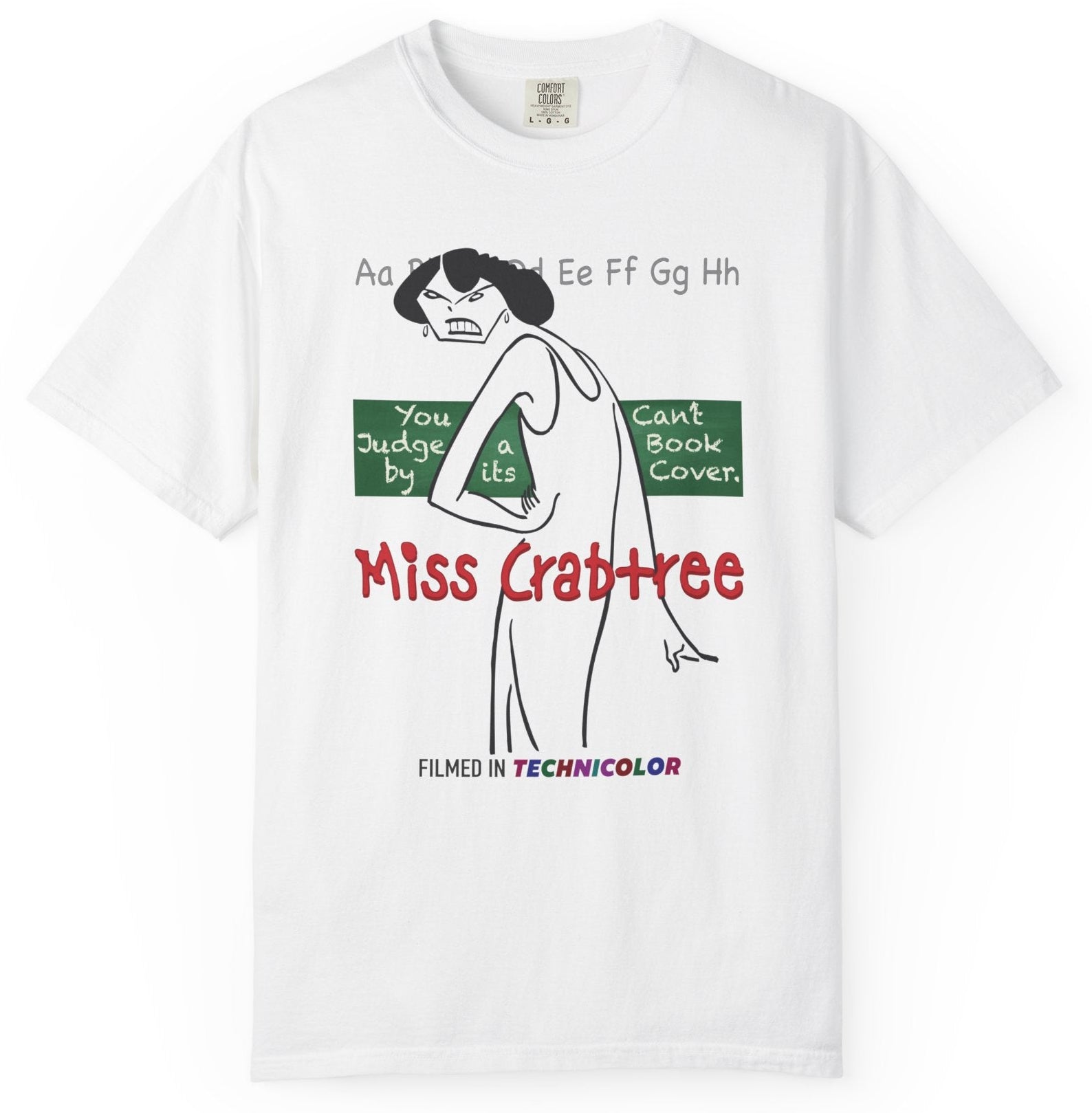 T-shirt with graphic of a poster for a fictional 'Miss Crabtree' movie
