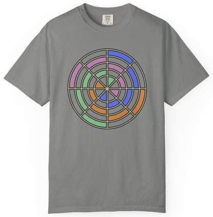 T-shirt with a colorful circular design 