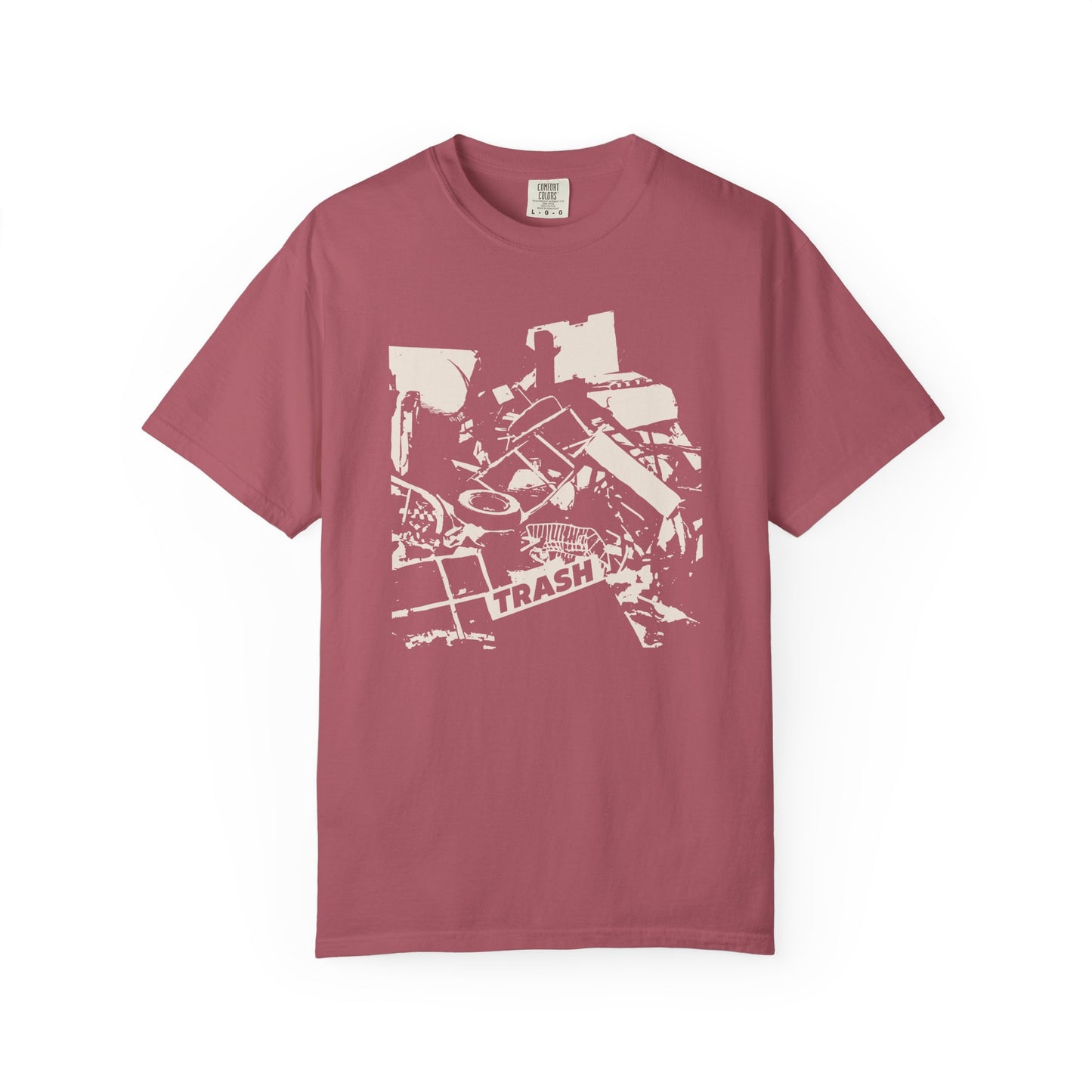 T-shirt with graphic junk pile with text "TRASH" on a piece of junk.