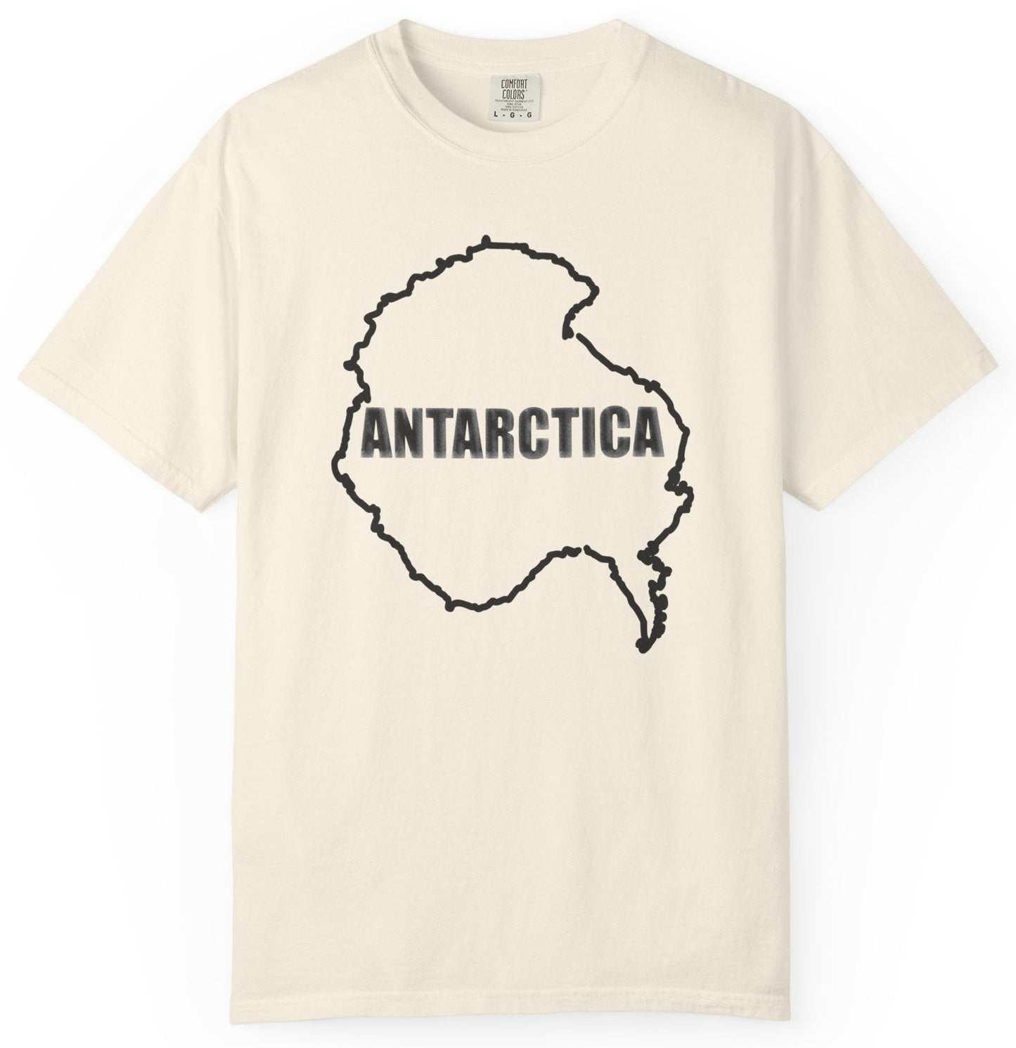 T-shirt with map of Antarctica and text 'ANTARCTICA' in snowy style lettering.