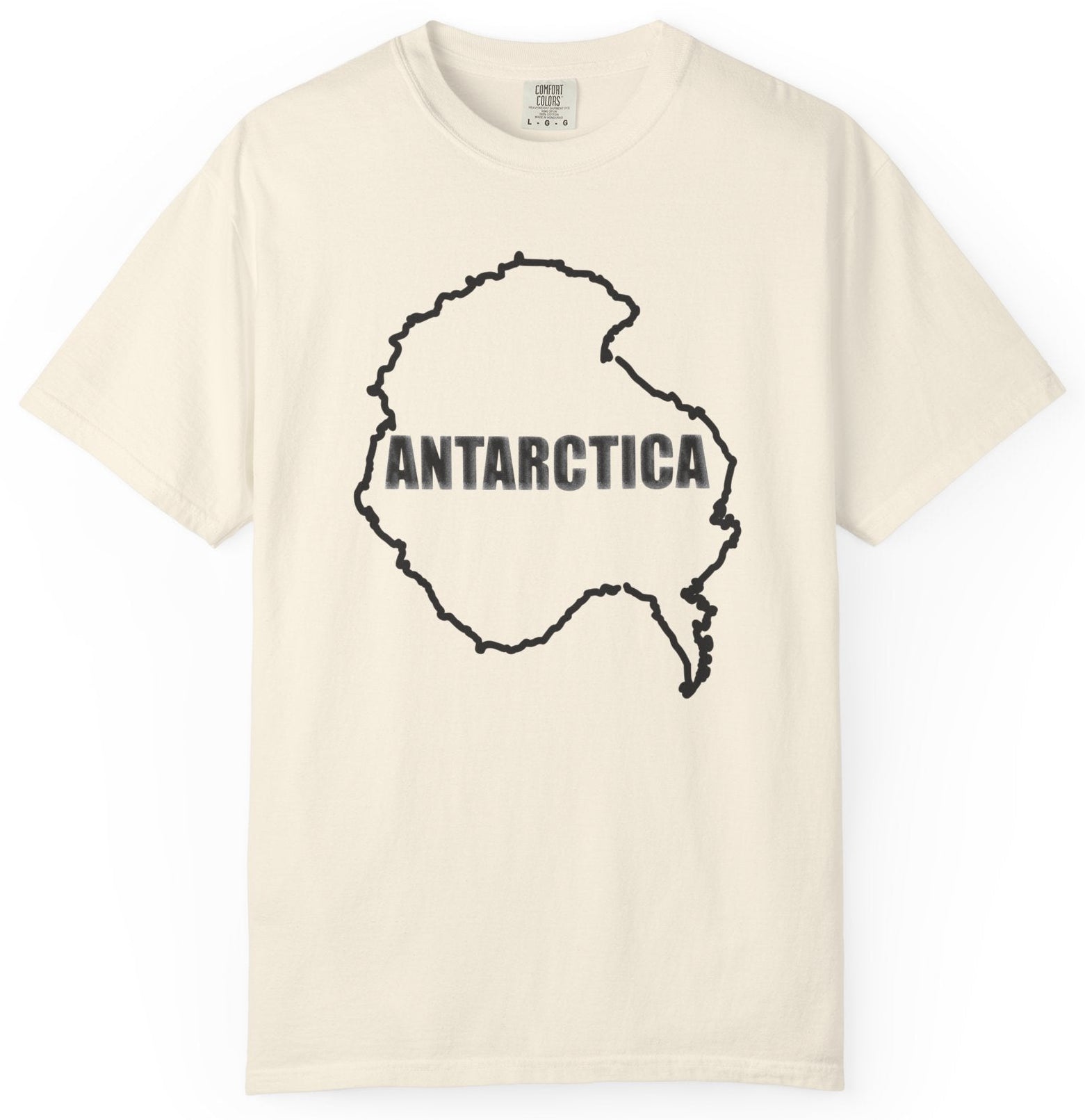 T-shirt with map of Antarctica and text 'ANTARCTICA' in snowy style lettering.