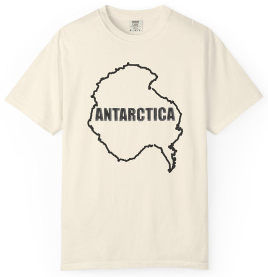 T-shirt with map of Antarctica and text 'ANTARCTICA' in snowy style lettering.