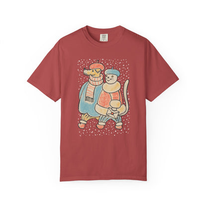 Dog and Cat on a Snowy Winter Walk T-Shirt Unisex