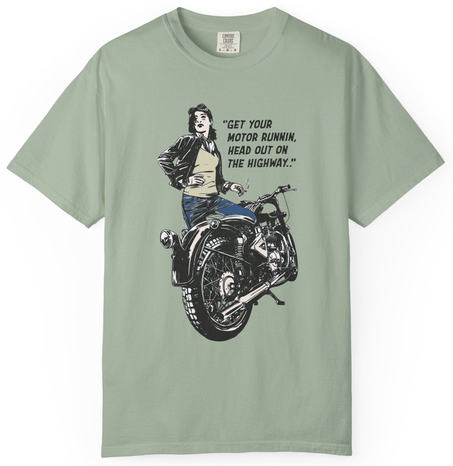 T-shirt with a graphic of a woman on a motorcycle and lyrics from 'Born to be Wild'