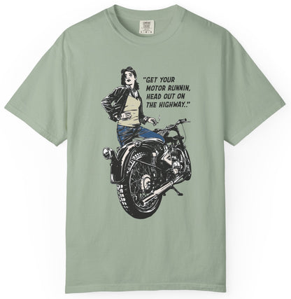 T-shirt with a graphic of a woman on a motorcycle and lyrics from 'Born to be Wild'
