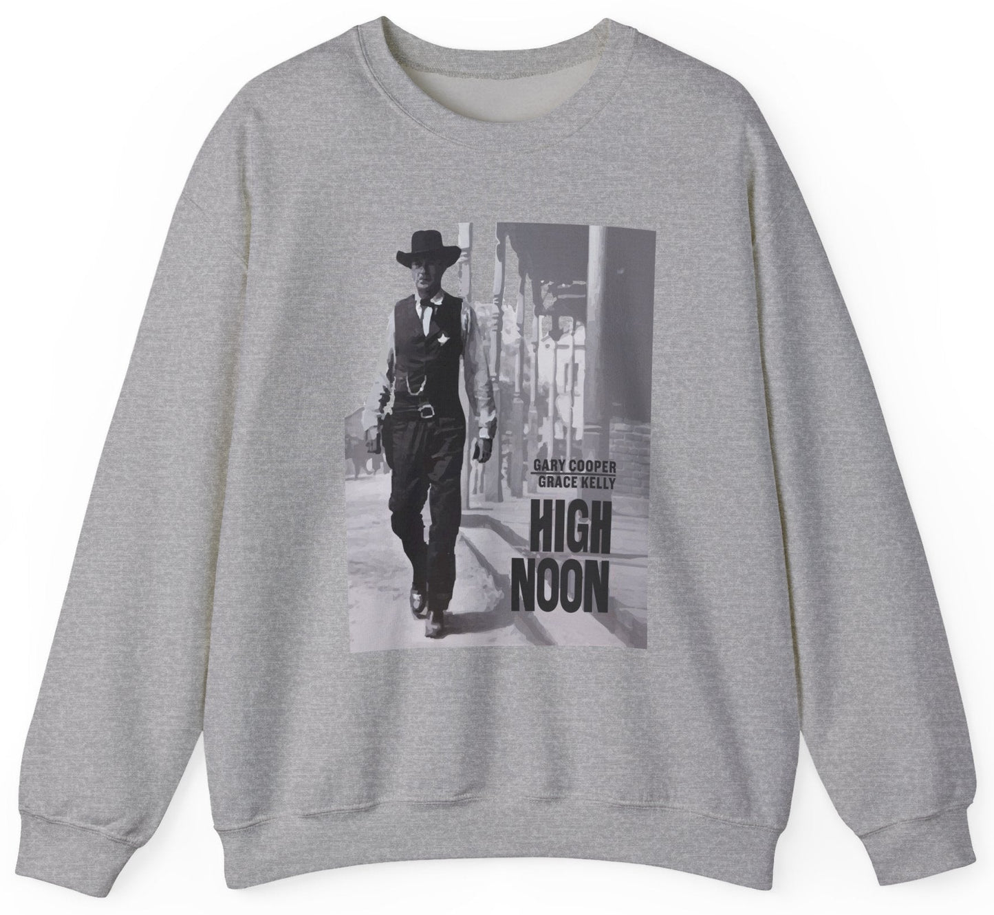 Gray sweatshirt with 'High Noon' movie poster design featuring Gary Cooper and Grace Kelly.