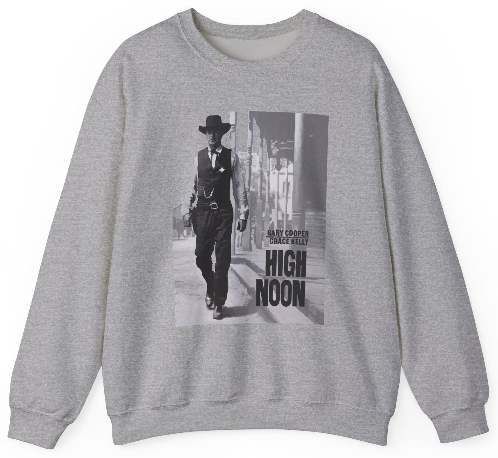 Gray sweatshirt with 'High Noon' movie poster design featuring Gary Cooper and Grace Kelly.