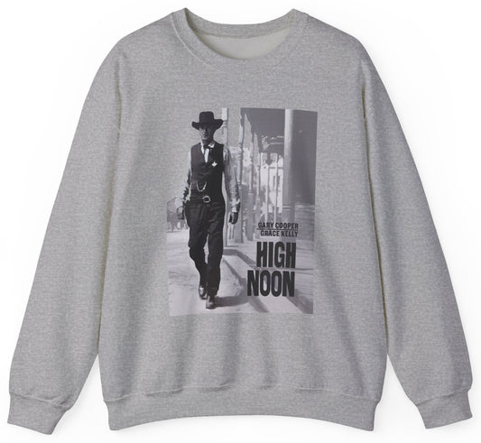Gray sweatshirt with 'High Noon' movie poster design featuring Gary Cooper and Grace Kelly.