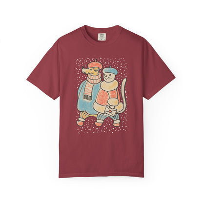 Dog and Cat on a Snowy Winter Walk T-Shirt Unisex