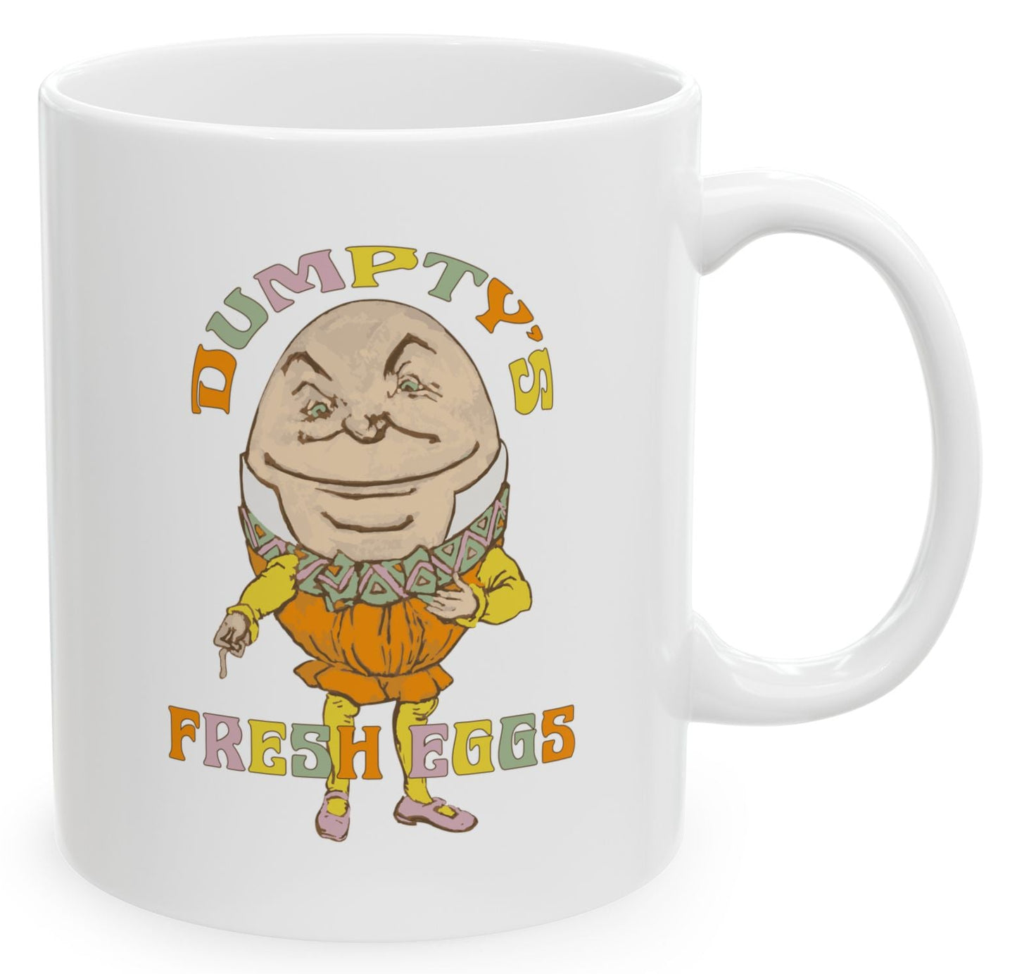 White mug with cartoon egg character and 'Dumpty's Fresh Eggs' text on a white background