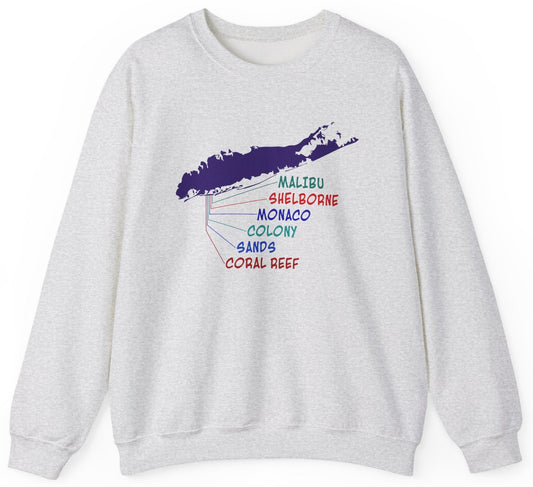 Sweatshirt with a map of Long Island graphic and a colorful list of the old Lido Beach clubs text.