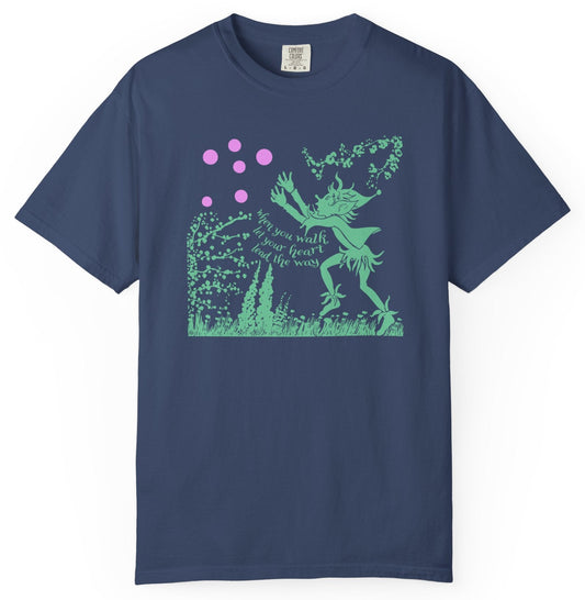 T-shirt with graphic of a faerie chasing purple bubbles and text lyrics from the song 'Alfie'