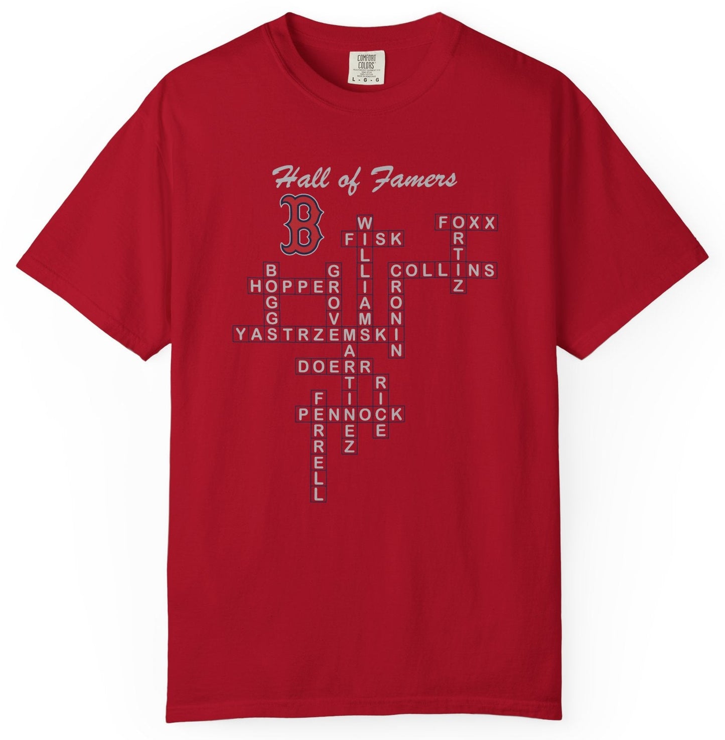 T-shirt with crossword graphic of Boston Red Sox Hall of Fame players.