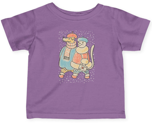 Dog and Cat Snowy Winter Walk Baby T-Shirt