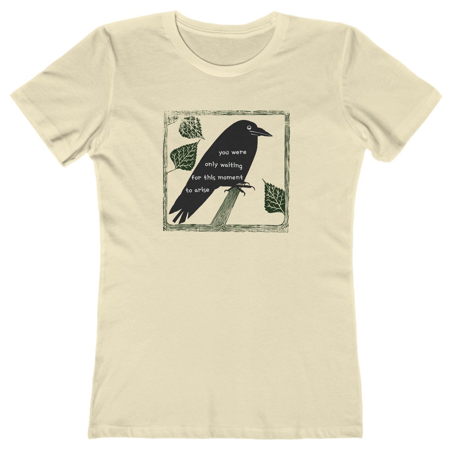 T-shirt with graphic of a black bird on a perch with Beatles lyrics text on it's body.