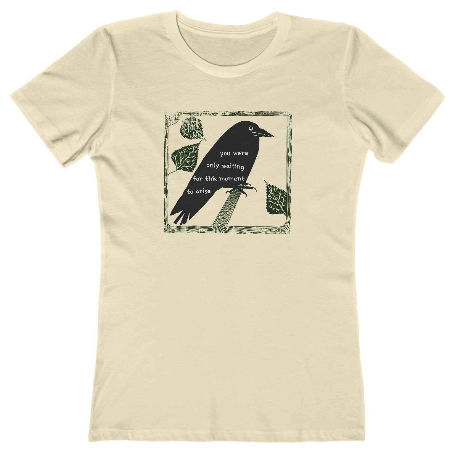 T-shirt with graphic of a black bird on a perch with Beatles lyrics text on it's body.