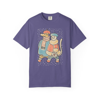 Dog and Cat on a Snowy Winter Walk T-Shirt Unisex