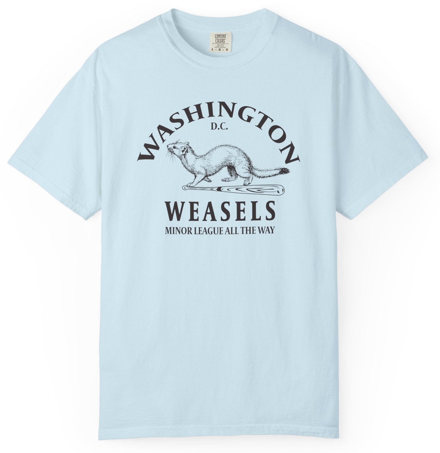 Light blue t-shirt with 'Washington D.C. Weasels' graphic on a white background