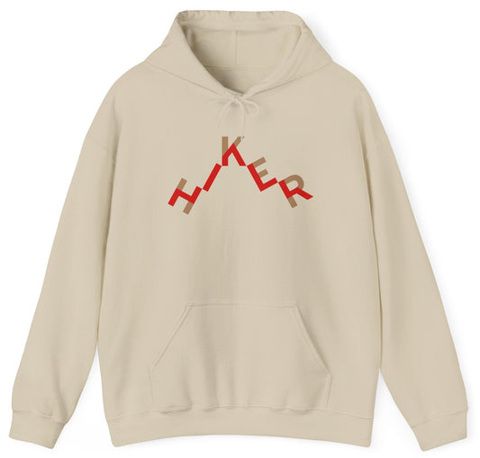 Hoodie with "hiker" text in a trail design.