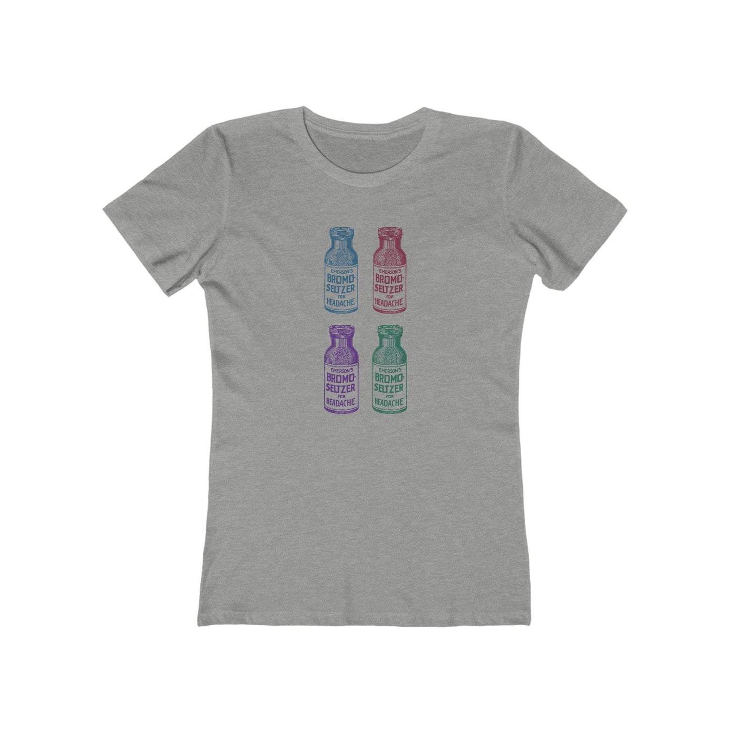 T-shirt with four different colored vintage Bromo Seltzer bottle graphics.